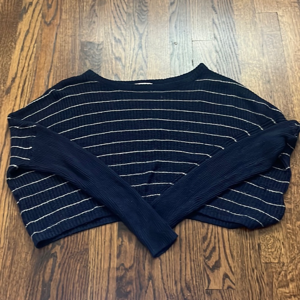 Urban outfitters navy blue and striped extra small cropped sweater.